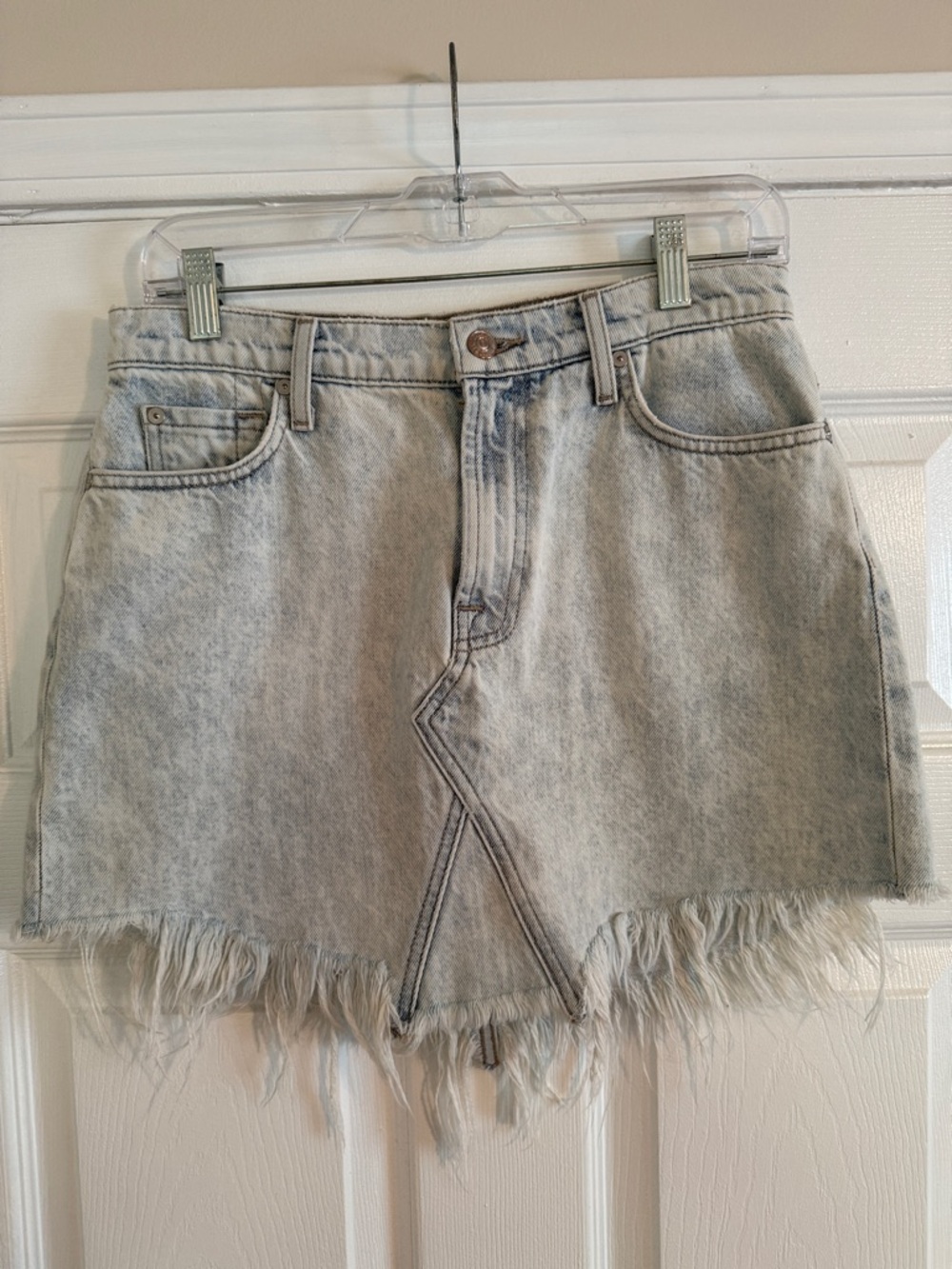 7 For All Mankind Light Wash Denim Mini Skirt with Frayed Hem